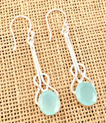 Pendientes de joyería hechos a mano de plata de ley 925 con piedras preciosas de calcedonia Aqua 1,76" Foto 1 de 4