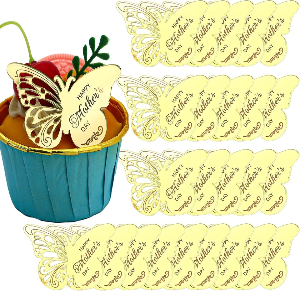 Toppers de cupcake borboleta dia das mães, 24 peças, espelho dourado e ouro rosa acr - Imagem 1 de 4