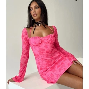 Princess Polly Pink Floral Mini Dress Size 6 Sheer Sleeve - Picture 1 of 10