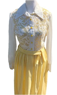 复古 60 年代 Mr Bob Calif 罕见长裙黄色格子花边 Cottagecore 波西米亚 Mod S — 第 1/4 张图片