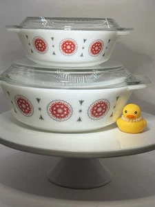 Pyrex JAJ England rotes Deckchen #513 und # 505 Auflaufformen mit Deckel - Bild 1 von 13