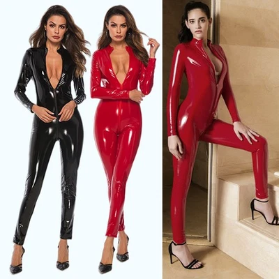 Damen Catsuit Overall Ganzanzug RV Lack Leder Optik GoGo Glanz Übergrößen SEXY - Bild 1 von 4