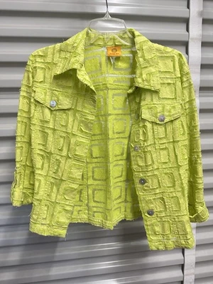 Y2K Ruby Rd Sheer Lime Green Burn Out Geometric Shacket Shirt Petite Large - Image 1 of 4
