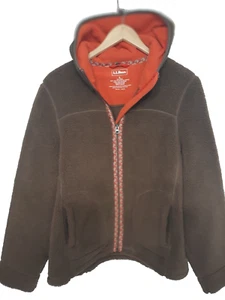 LL Bean Women’s Brown Sherpa Fur Full Zip Winter Comfy Hoodie Jacket Sz Large - Picture 1 of 9