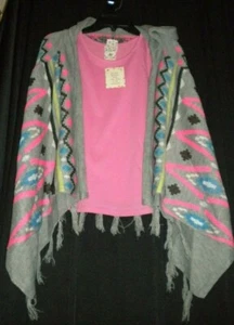 NWT BELLE DU JOUR GIRL'S HOODED MULTI C SWEATER & PINK TANK SIZE XL (16) FRINGE - Picture 1 of 3