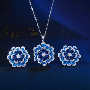 Orecchini collana fiori design multiplo zirconi blu 3D marca moda set gioielli - Foto 1 di 7