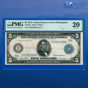 Fr.855a 1914 $5 Five Dollars Federal Reserve Note Philly, PMG VF 20 #81608 - Picture 1 of 2