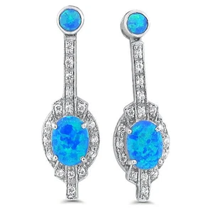 DECO ANTIQUE STYLE 925 STERLING SILVER LAB-CREATED BLUE FIRE OPAL EARRINGS #667 - Picture 1 of 2