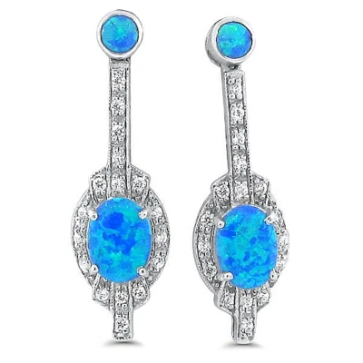 DECO ANTIQUE STYLE 925 STERLING SILVER LAB-CREATED BLUE FIRE OPAL EARRINGS  #667 - Image 1 of 2