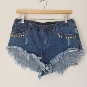 One Teaspoon Rollers Shorts in 70s Blue 27 Studded Leather NWT Denim Cut Offs - Imagen 1 de 9