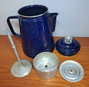 VTG Enamel Blue Speckled Percolator Coffee Pot GLASS TOP WORKS Camping Prepper - Picture 1 of 9