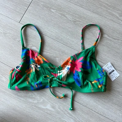 J Crew 工厂印花领带前比基尼上衣女式大号花卉绿色无垫 — 第 1/4 张图片
