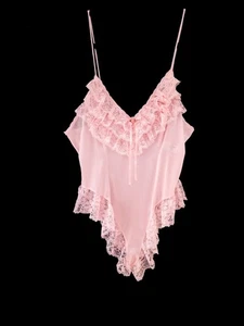 Vintage Tosca Teddy M 80er rosa Satin Nylon Strampler Spitze Rüschen ca USA Made Dessous - Bild 1 von 11