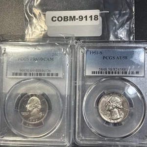 Lot of 2 PCGS Graded Quarters -Silver 1951-S AU58 & 1993-S PR69DCAM COBM-9118 - Picture 1 of 14