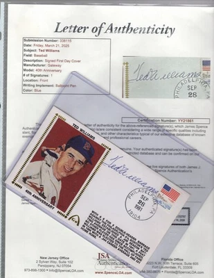 TED WILLIAMS HOF Signed Autograph 1981 Auto 40th Anniversary Catchet JSA 💎 LOA - Image 1 of 4