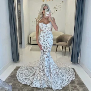 Luxury Mermaid Wedding Dresses Strapless Sleeveless Lace Appliques Bridal Gowns - Picture 1 of 7