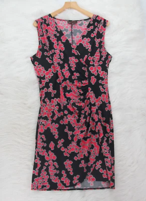 Dana Buchman Faux Wrap Dress L Black Pink Sleeveless V-neck Ruched Stretch #1208 - Image 1 of 4