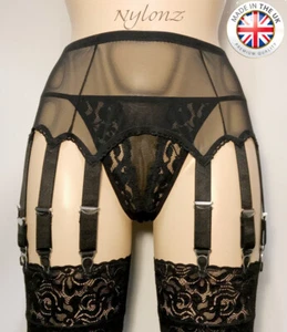 14 Strap Luxury Powermesh Suspender Belt Black (Garter Belt) Made In UK - NYLONZ - Picture 1 of 4