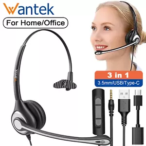 3 in 1 Wired Headphone 3.5mm/USB/Type-C With Microphone HD Voice Work Headset - Picture 1 of 9