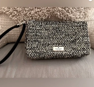 Kate Spade Tinsel Kiki Tweed Convertible Wristlet Wallet Clutch Black Gold Silve - Image 1 of 4
