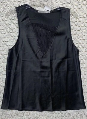 New Red By Bke Mesh Glitz Satin Tank Top Women Sz M Black Rhinestone #GST2701BLK - Image 1 of 4