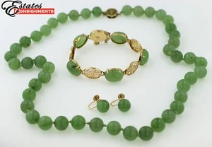 Siberian Nephrite Jade, 14K Gold Necklace, Bracelet and Earrings Jewelry Suite - Picture 1 of 19