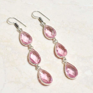 Pink Topaz Handmade Drop Dangle Earrings Jewelry 2.96" AE 14740 - Picture 1 of 1