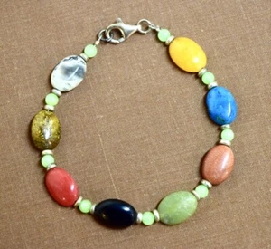 Vintage Sterling and Multi-colored Polished Stone Bracelet, 7" - Picture 1 of 3