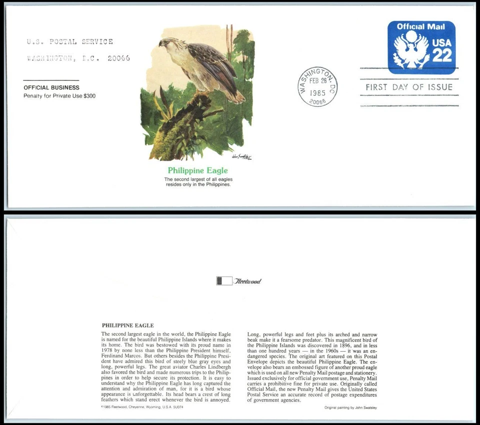 1985 Official Mail Eagle Shield 22c Sc UO74 stationery FDC Fleetwood cachet UA - Image 1 of 1