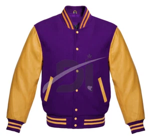 Varsity Letterman Bomber Retro Lila Wolle & Gold Echtleder Ärmel Jacken - Bild 1 von 3