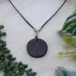 Black Obsidian Flower of Life Engraved Necklace - Picture 1 of 2