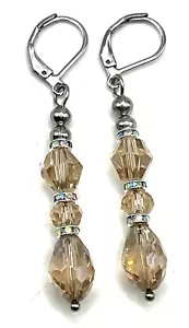 Champagne Beige Glass & Rhinestone Beaded Linear Dangle Leverback Earrings - Picture 1 of 4
