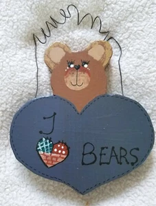 Oso decorativo de estante hecho a mano pintado a mano de madera con letrero de corazón ~ I Love Bears ~ azul - Imagen 1 de 4