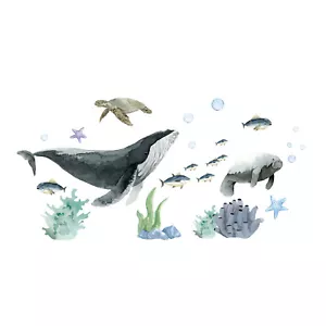 Blue Whale Wallpaper Decal Rolls,Peek and Stick Turtle Sticker Decor ,34.3X27.2" - Picture 1 of 7