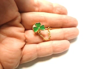 Green Enamel Gold Tone Metal Shamrock Tie Tac Lapel Pin Vintage - Picture 1 of 4