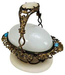 Antique French Palais Royal Mother of Pearl Jeweled Opaline Glass Ormolu Egg Box