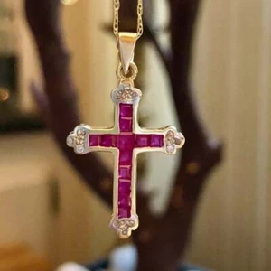 4.00CT Princess Cut Lab Created Ruby Cross Pendant 14K Yellow Gold Plated - Picture 1 of 5
