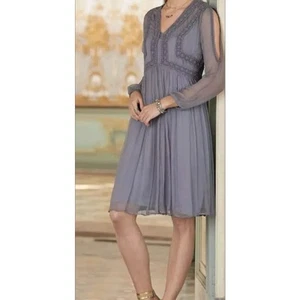 Sundance Longsleeve Cold Shoulder Sheer Dusty Purple Gray Rayon Dress Size 10 - Picture 1 of 12