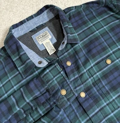 L.L. Bean Jacket Shacket Mens Size XL Blue Green Plaid Flannel Lined Snap Front - Image 1 of 4