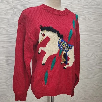Suéter vintage Jordache Studios carrossel cavalo gola redonda tamanho M vermelho/verde feriado - Imagem 1 de 4