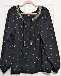 OLD NAVY Cotton Black Peasant Top Size XXL Tall Floral flowy boho Embroidered - Picture 1 of 7