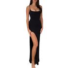 Stylish Black Party Dress With Spaghetti Strap Backless And High Slit Features