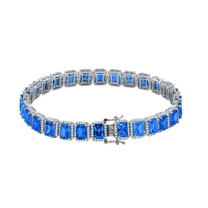 Unisex Blue Sapphire 18K White Gold Finish Simulated Diamonds Solitaire Bracelet - Picture 1 of 4