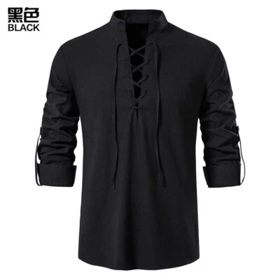 Camisa de lino para hombre cuello en V manga larga informal camisa de verano medieval cosplay camisa Foto 1 de 4