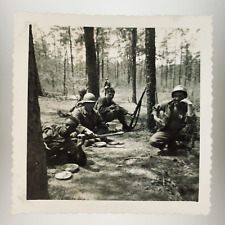 Forest Soldiers Eating Food Photo 1950s Korean War Black White Army Men A2975