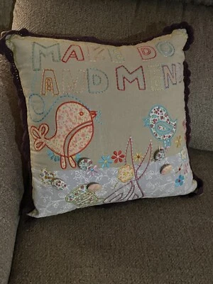 Adorable 16x16 Embroidered Throw Pillow W/ Knitted Border “Make Do And Mend “ - Image 1 of 4