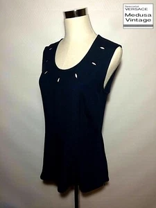 GIANNI VERSACE COUTURE VINTAGE '97 RAYON SLITS TANK CAMI TOP U-SCOOP NAVY BLUE - Picture 1 of 12