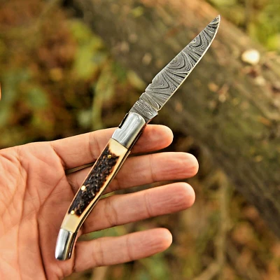 Handmade Toothpick Pocket Knife folding Blade-Original Stag Antler Handle - Image 1 of 4