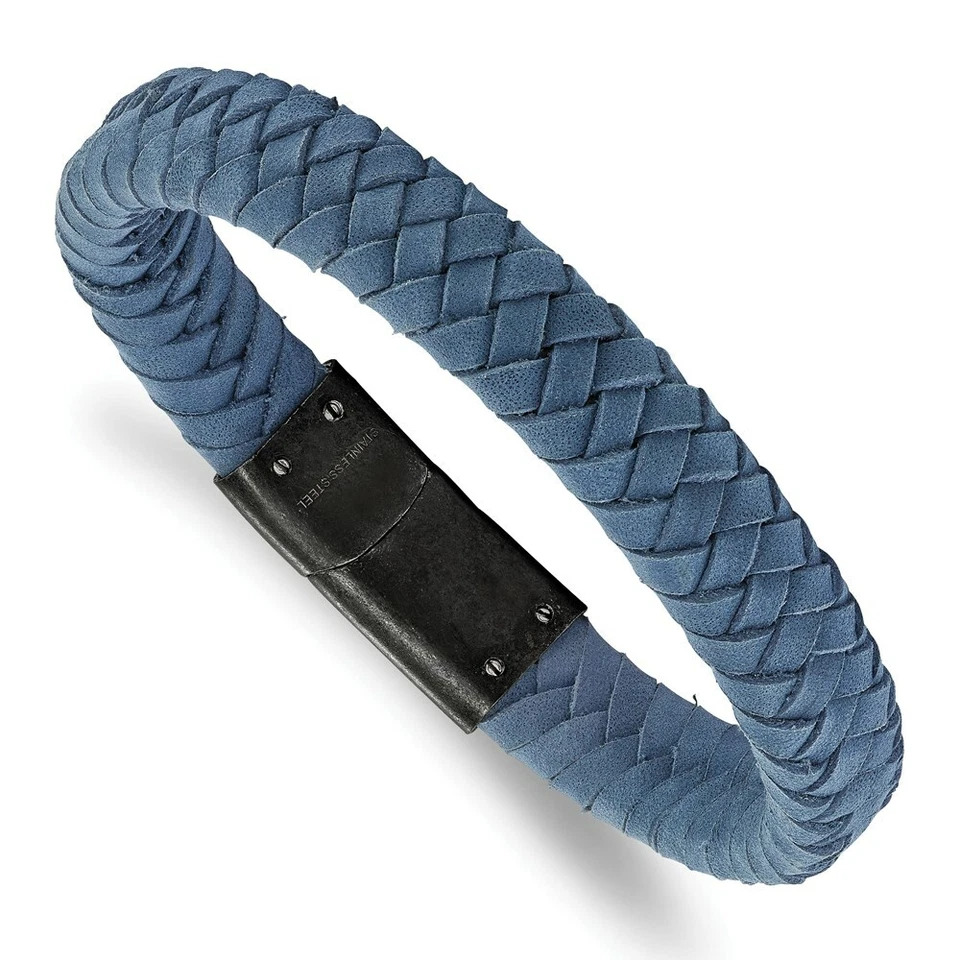 Stainless Steel Brushed Light Blue Leather Braided 8.25in Bracelet - Image 1 of 1