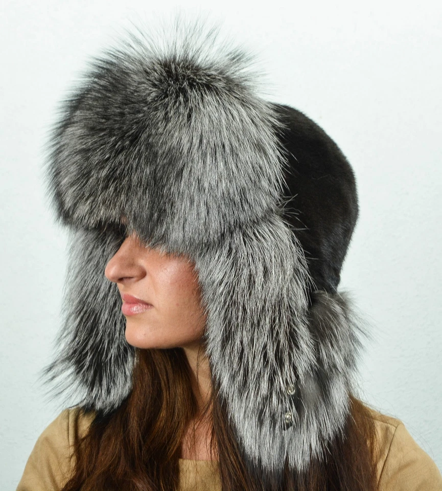 Saga Furs Silver Fox & Black Mink Fur Winter Trapper Ushanka Aviator Ski Hat - Image 1 of 3